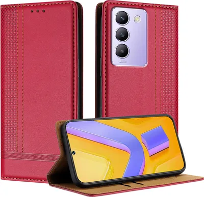 Produktbild von Handyhülle für Vivo Y200e Leder Flip Klappbare Schutzhülle mit Standfunktion Rot