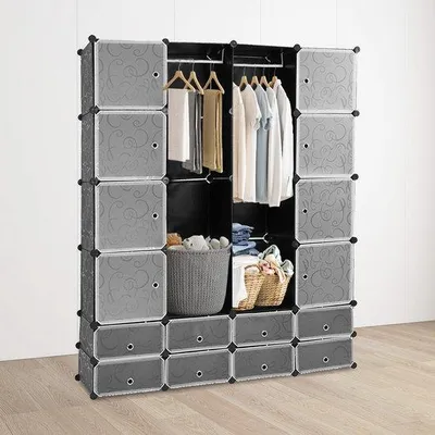 Obrázek produktu pro Skládací skříň s 16 přihrádkami – 152 × 190 × 37 cm – plast – černá