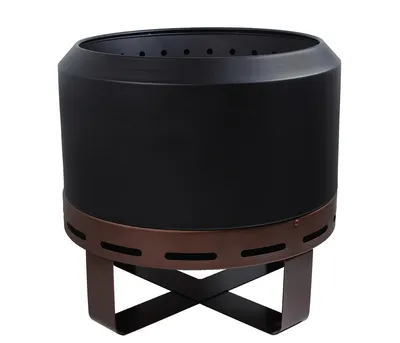 A black metal fire pit with a copper-colored band around the base, set on a black metal cross-shaped stand.