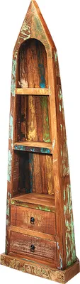 A tall, narrow, boat-shaped bookshelf with multiple shelves and two drawers at the bottom.