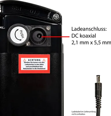 Produktbild von Zündapp Z510 Z517 Green 2.7 Green 3.7 Akku 36V 10,4Ah 374Wh Batterie Sitzrohrakku Pedelec Lithium Ionen E-Bike Fahrradakku Li-Ion Ersatzakku DC Koax Ladeanschluss
