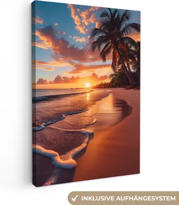 Produktbild von MuchoWow® - Leinwandbilder - Sonnenuntergang - Palmen - Meer - Sonne - Strand, Wandbild, Wanddeko Bilder Wohnzimmer, 80x120cm