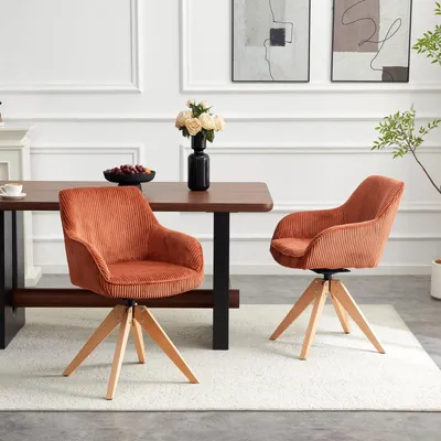 Immagine prodotto di Set di 2 poltrone girevoli in stile retrò, rivestite in velluto arancione a righe, con gambe in legno massello. Girevoli a 360 gradi, ideali per la sala da pranzo, il soggiorno o l'ufficio