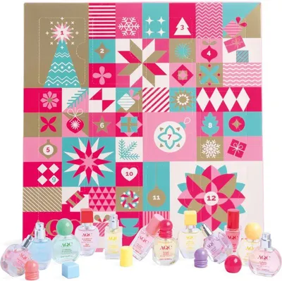 An advent calendar with 12 doors, decorated with festive patterns and numbers, and a collection of small perfume bottles displayed in front of it.