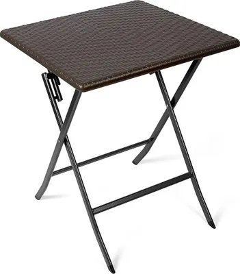 A brown rattan-look folding table with black metal legs against a white background.