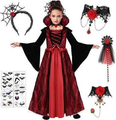 Productafbeelding van Vampierkostuum voor meisjes, vampierjurk, kinderkostuum, Halloweenkostuum, verkleedkleding, meisjes