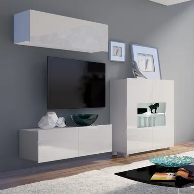 Produktbild von TV-Möbel Set mit Highboard und LED Beleuchtung in weiß Hochglanz CAIRNS-132, B/H/T 220/200/43 cm