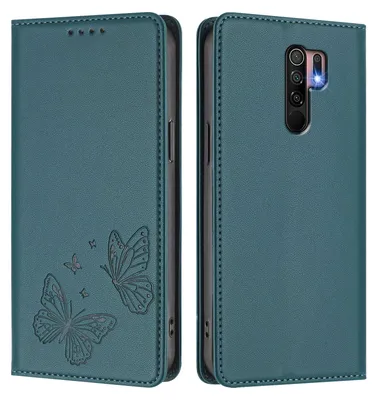 Image de Étui en cuir pour Xiaomi Redmi 9, motif papillon, étui à rabat avec porte-appareil, vert