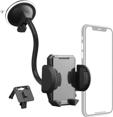 A car phone holder set with a suction cup mount, a flexible gooseneck arm, and a phone clamp, shown with an additional vent clip accessory and a silhouette of a smartphone.