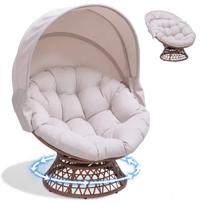 Obrázok produktu pre COMHOMA Otecovo kreslo, útulné otočné kreslo s okrúhlymi vankúšmi, pohodlné ratanové kreslo, otočné lounge kreslo, okrúhle relaxačné ratanové kreslo, BEŽOVÁ