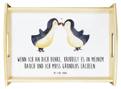 Produktbild von Mr. & Mrs. Panda Tablett Pinguine Kuss - Weiß - Geschenk, Valentinstag, Mitbringsel, für Freundin, Servierplatte Holz, Frauen, sofatablett, Partner, Hochzeitstag, Deko
