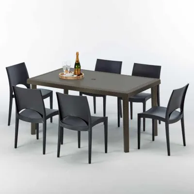 Produktbild von Polyrattan Tisch Rechteckig mit 6 Bunten Stühlen 150x90 Braun Focus