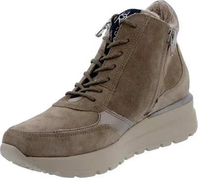 A single taupe bootie with a wedge sole is shown against a white background.