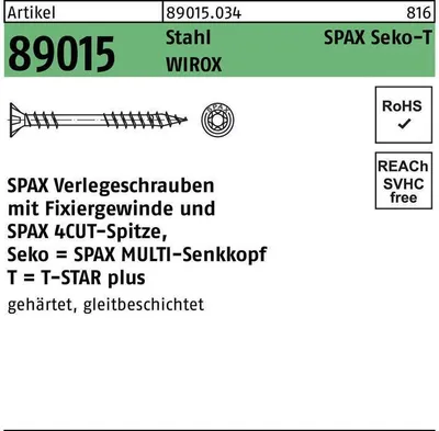 Produktbild von SPAX Verlegeschraube, 4,5 x 60 mm, 500 Stück, Fixiergewinde, Senkkopf, T-STAR plus T20, 4CUT, WIROX - 0541010450605