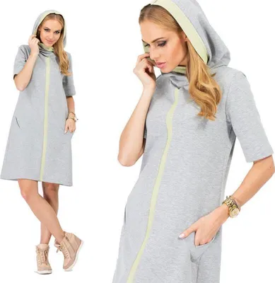 Produktbild von Damen Long Hoodie mit Kaputze - Sweatshirt lang, S/M, Grau/limon