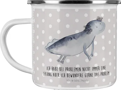 Produktbild von Mr. & Mrs. Panda Emaille Tasse Axolotl Schwimmen - Grau Pastell - Geschenk, Teetasse, Optimistisch, Motivation, Problem, Becher, Lurch, Kaffeepott, Pott