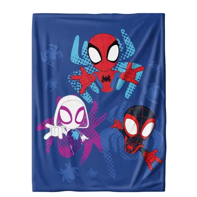 A blue blanket with cartoon characters of Spider-Man, Ghost-Spider, and Miles Morales.