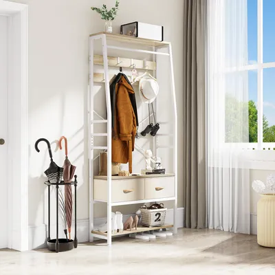 Image de Porte-manteau YITAHOME avec banc à chaussures et étagère à chaussures, 8 crochets, blanc et chêne