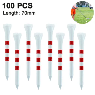 A group of golf tees with red and white stripes, with a small inset image of a person playing golf.