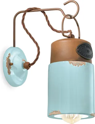 Produktbild von Wandleuchte Keramik Metall E27 33 cm hoch Hellblau Shabby Antik Rostbraun Vintage Keramikleuchte