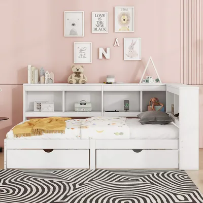 Produktbild von Abrihome Kinderbett 90 x 200 cm mit Schubladen und USB-Anschlüssen, Holzbett mit Bücherregal Kopfteil, Schlafsofa mit Lattenrost, Weiß