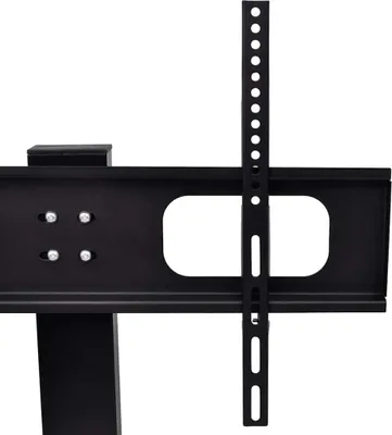 A close-up view of a black metal TV stand bracket with mounting holes.