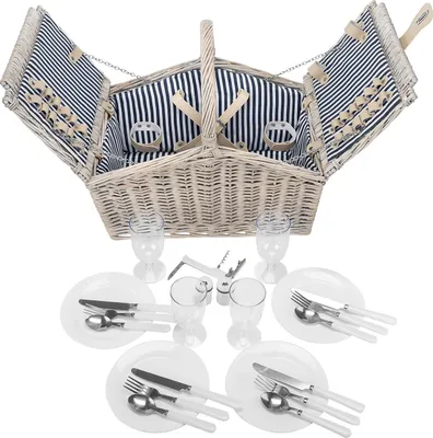Produktbild von Picknickkorb geflochtene Weide + Zubehör 23 tlg. für 4 Personen - Dunkelblau shabby