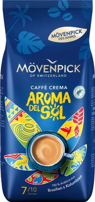A bag of Mövenpick coffee beans with a cup of coffee and colorful graphics.