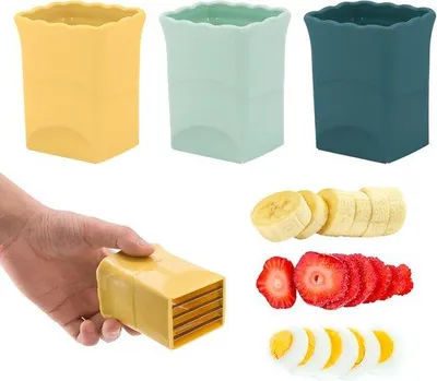 Produktbild von Früchte-Schnittdreier: Erdbeeren-Schnitzer, Schnitthilfe für Bananen, Trauben und Eier – schnelles und sicheres Schneiden – Küchenhilfe