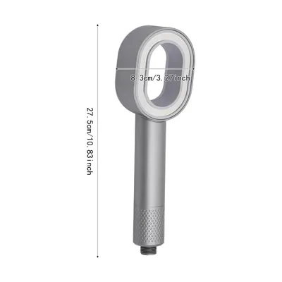 A silver shower head with a gray oval-shaped top, displayed against a white background with measurement indicators.