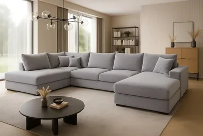 Produktbild von Ecksofa FABIO 328x182 cm mit Schlaffunktion, Bonellfederkern und Bettkasten, Farbe Hellgrau