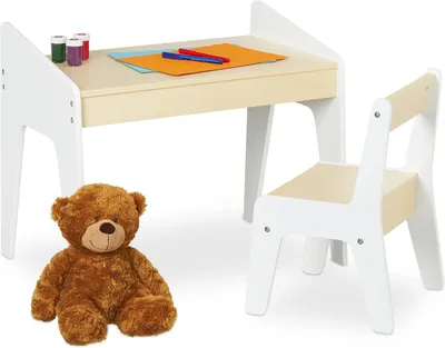 Image de Table et chaise pour enfants - Ensemble de meubles pour enfants - Table de jeu et chaise pour enfant - Pour garçons et filles - Beige et blanc
