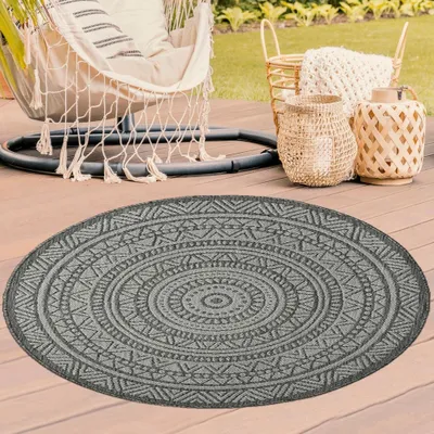 Immagine prodotto di Tappeto rotondo per esterni con motivo etnico in grigio scuro per patio e balcone Dimensioni - 120 cm rotondo