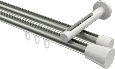 Produktbild von Interdeco Innenlaufstange / Gardinenstange mit Innenlauf Edelstahl-Optik / Weiß, Typ Siteno Sitra (Konus), 20 mm Ø 2-läufig, 140 cm