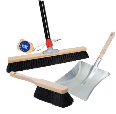 Produktbild von Novaliv Großer Besen 60 cm mit Stiel Kunstborsten Saalbesen inkl. Kehrgarnitur verzinkt bestehend aus Kehrblech und Handfeger besen fein Ideal als Werkstattbesen Hallenbesen Hausbesen mit Stiel