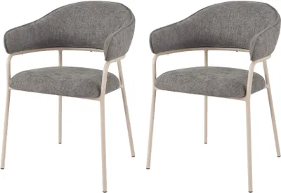 Two gray upholstered chairs with white metal frames are shown against a white background.