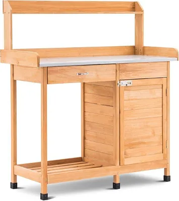 Produktbild von Pflanztisch mit Schublade, Ablage, Verzinkter Arbeitsplatte & Schrank, Gärtnertisch Wetterfest mit 3 Haken, Blumentisch Massivholz für Garten, Balkon & Terrasse, 0440 (Natur)