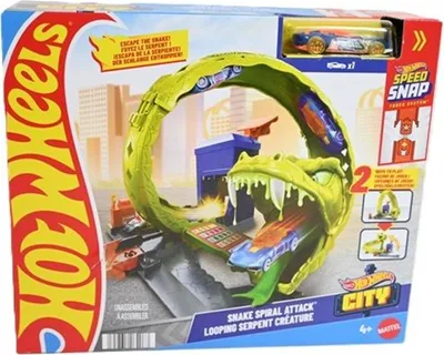 Produktbild von Mattel Hot Wheels Schlangen-Spiralattacke Spielset mit Die-Cast-Spielzeugauto im Maßstab 1:64 und schnellem Track-Stecksystem