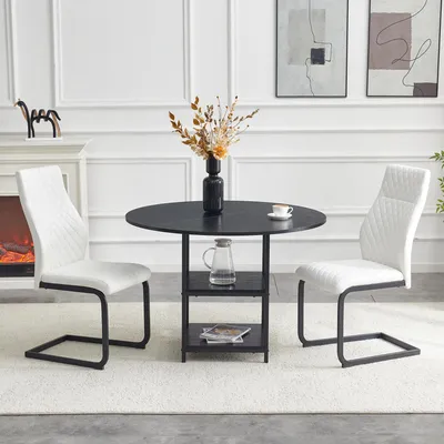 Image de Ensemble table et chaises, table de salle à manger ronde de 107 cm avec double tablette + 2 chaises de salle à manger blanches, noir