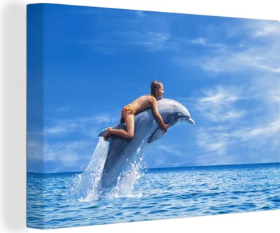 Zdjęcie produktu dla OneMillionCanvasses® - Wydruki na płótnie - 140x90 cm, dziecko i delfin, grafika ścienna dekoracja ścienna