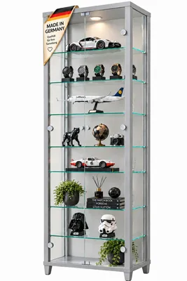 Produktbild von AGIONDA Standvitrine mit LED-Beleuchtung, Glasvitrine und Sammlervitrine mit 7 verstellbaren Glasböden, 172 cm, Silber