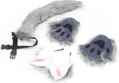 Produktbild von Plüsch-Ohr-Pfoten-Schwanz-Set, hohe Simulation, Kunstpelz, Wolf, Katze für Cosplay, Karneval, Party, Dunkelgrau