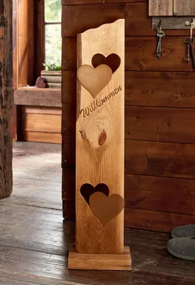Image de Colonne décorative "Bienvenue" en bois, hauteur 80 cm, 2 cœurs en métal aspect rouille, colonne en bois