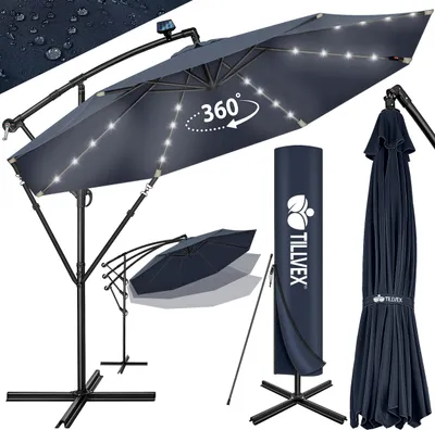 Produktbild von tillvex Alu Ampelschirm Blau LED Solar Ø 300 cm mit Kurbel | Slnečník s vypínačom | Záhradný slnečník hliníkový s UV ochranou | Korbový slnečník so stojanom Trhový slnečník vodotesný