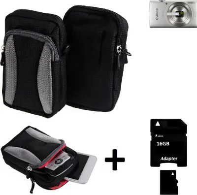 Produktbild von Kompatibel mit Canon IXUS 185 Gürtel Tasche Holster Umhänge Tasche Fototasche Schutz Hülle schwarz-grau + Extrafach K-S-Trade