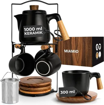 Imagen del producto de - Servicio de té con tetera de cerámica (1 litro), 4 tazas y soporte ()
