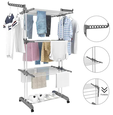 Produktbild von Klappbarer Wäscheständer Effizientes Trocknen 3 Ebenen 2 Seitenflügeln mit Rollen Platzsparender Flügelwäscheständer 175x126x70cm für Innen & Außen