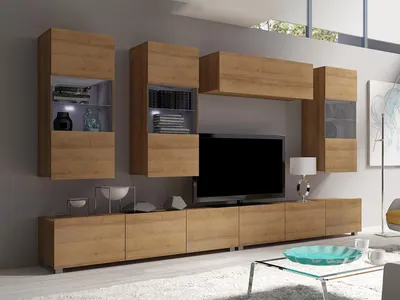 Produktbild von Wohnwand CALABRINI-5 Wohnzimmer-Set Hängewohnwand Schrankwand mit LED-Beleuchtung TV-Schrank Vitrine Moderne Anbauwand Hochglanz (Eiche Gold)