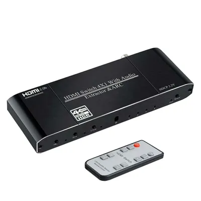 Zdjęcie produktu dla Przełącznik HDMI 2.0 4K@60Hz 4 wejścia, 1 wyjście HDMI, 1 wyjście Toslink, 1 wyjście koncentryczne, 1 wyjście L/R 3,5 mm, ekstraktor audio i ARC, pilot zdalnego sterowania, HDCP 2.2, czarny, HOPE R