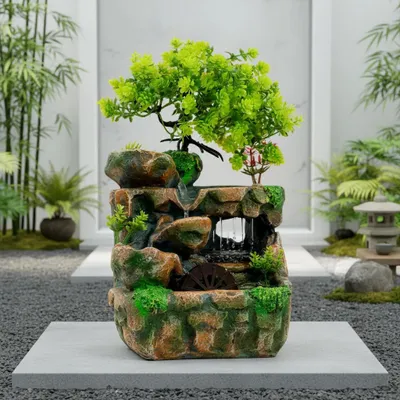 Produktbild von Tischbrunnen - Zimmerbrunnen Wasserfall - LED-Beleuchtung - Pumpe inklusive - Kunstharz - 18×15×30 cm - AC 220–240 V 50–60 Hz